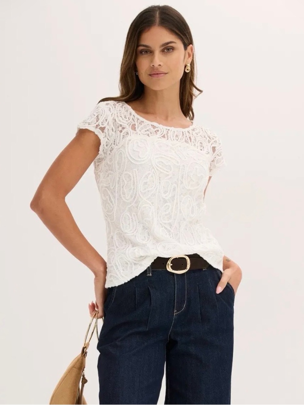 VENUS Cream Cap Sleeve Lace Top - Picture 4 of 9